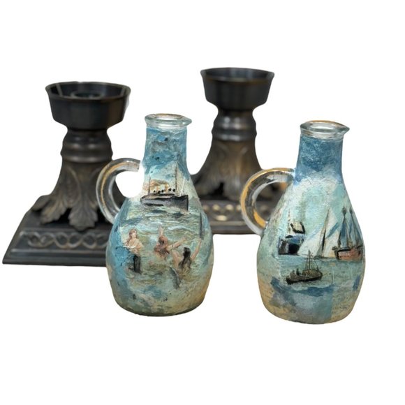 Upcycled Mid-Century Glass and Brass Candle Holders, Hand Painted & Decoupaged - Picture 8 of 16